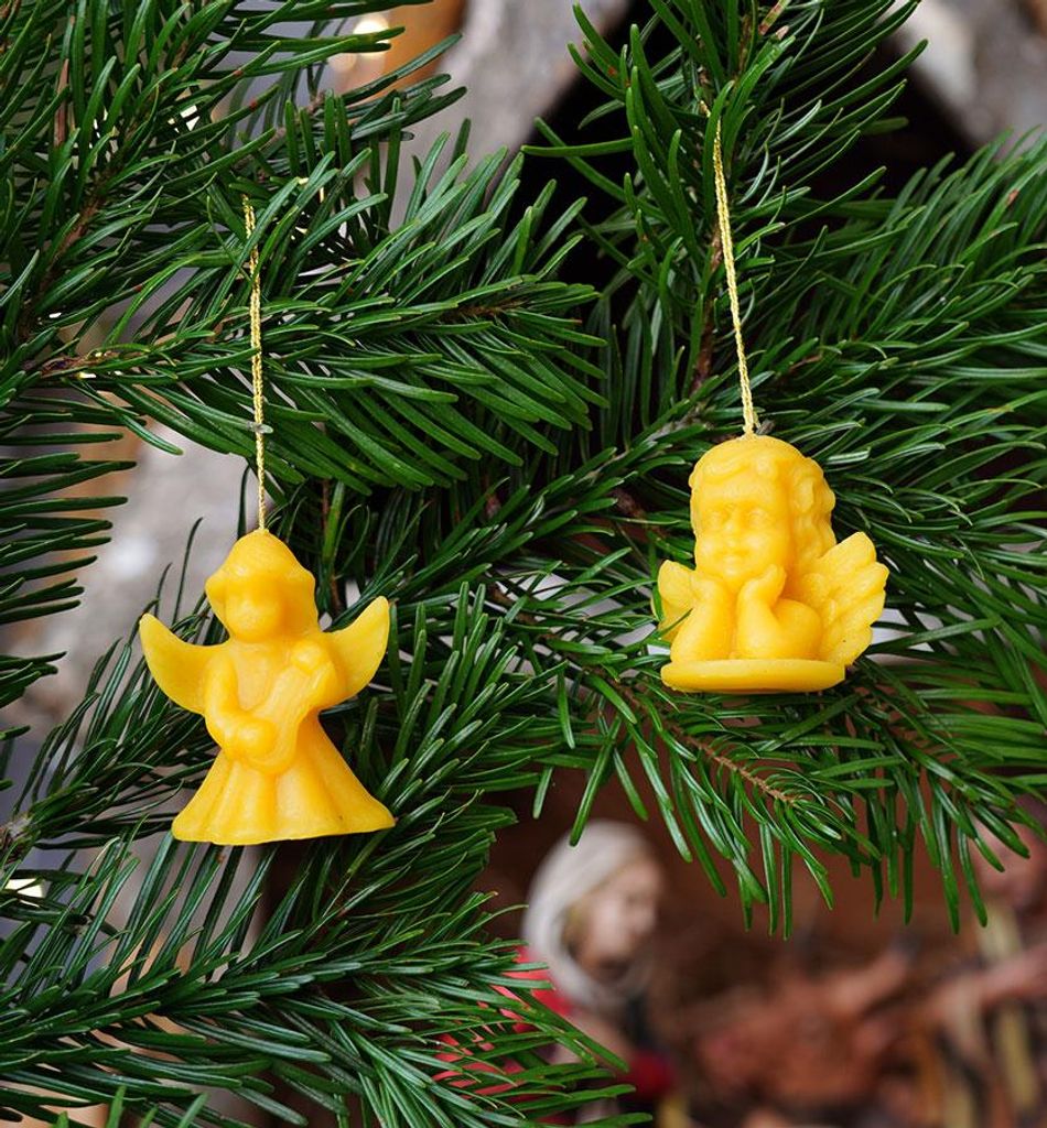 tea4chill Christbaumschmuck, Weihnachtsdekoration, Weihnachtsbaum-Anhänger 2-er Set aus 100% Bienenwachs, Engel mit Zither, Engel auf Sockel