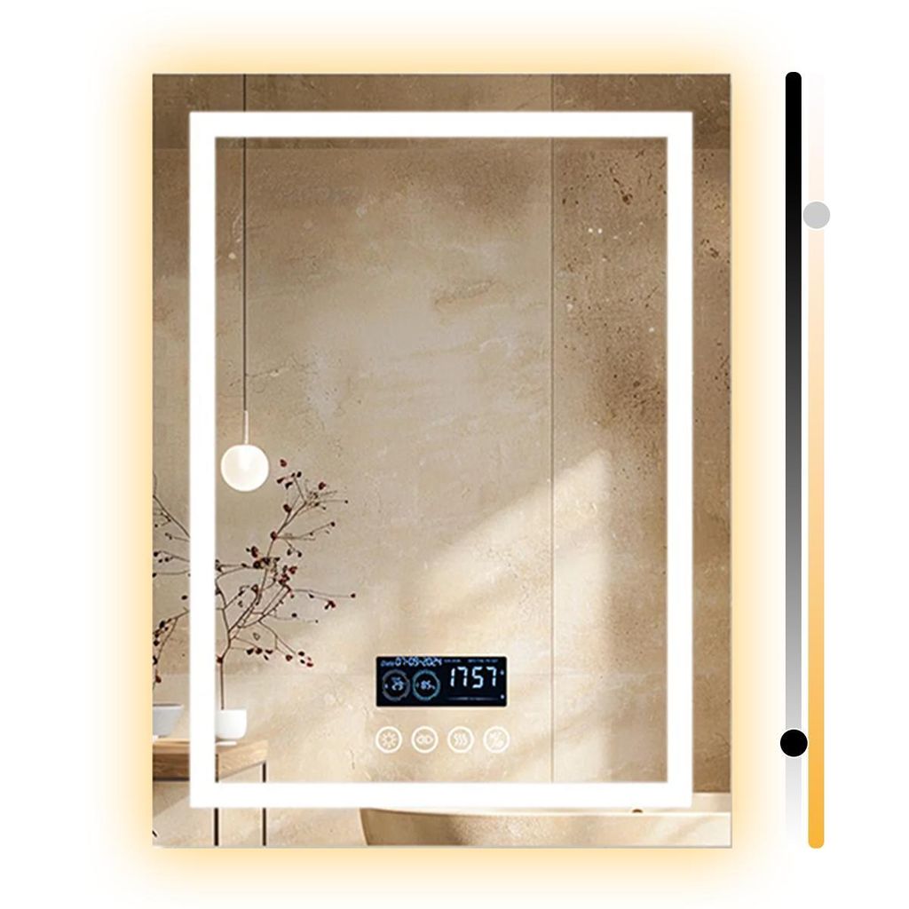 Badspiegel, LED Badezimmerspiegel 60×80cm, Schwarzrahmen, Anti-Fog, Bluetooth Lautsprecher, Zeit/Temperatur, dimmbar