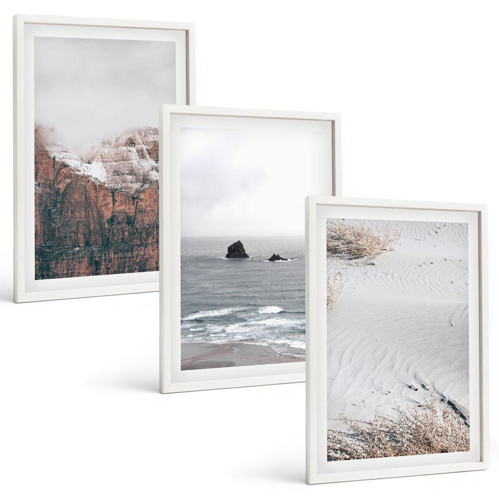 Bilder Set 3-teilig im weißen Rahmen – Wandbilder 3 Stück – gerahmte Poster für Wohnzimmer, Schlafzimmer und Flur – 40x60 cm – Berge, Wo...