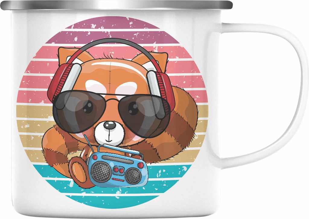 Trendation - Cooler Roter Panda Emaille Tasse Musik Kinder Geschenkidee für Jungs Mädchen Lustige Grafik (Silber)