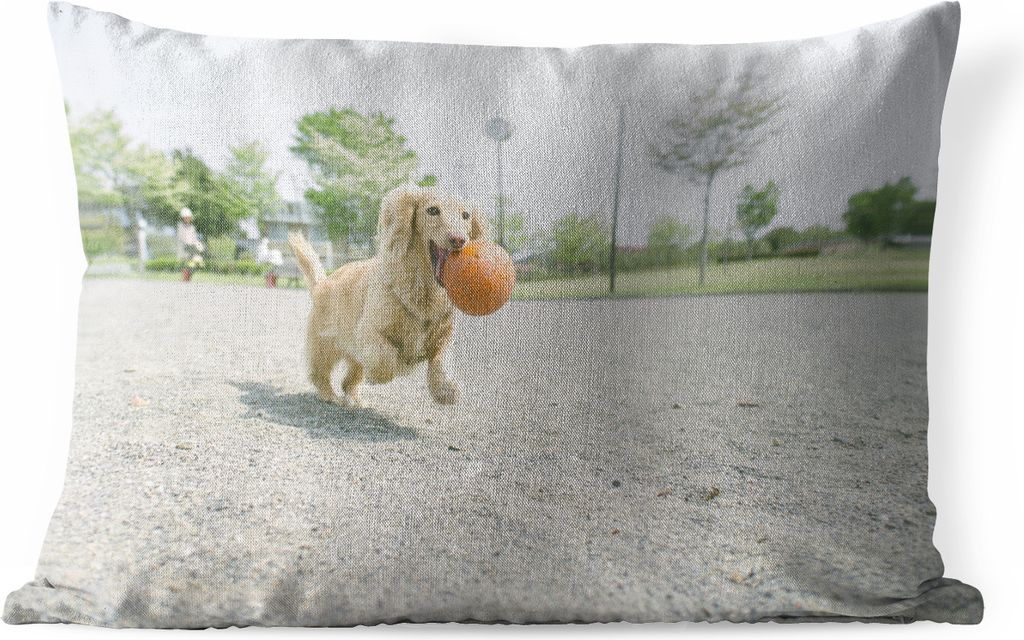 MuchoWow Outdoor Kissen - Ein weißer Dackel spielt mit einem Ball - 60x40 cm - Wetterfest - Lounge Kissen - Zierkissen - Kissen für Innenräume