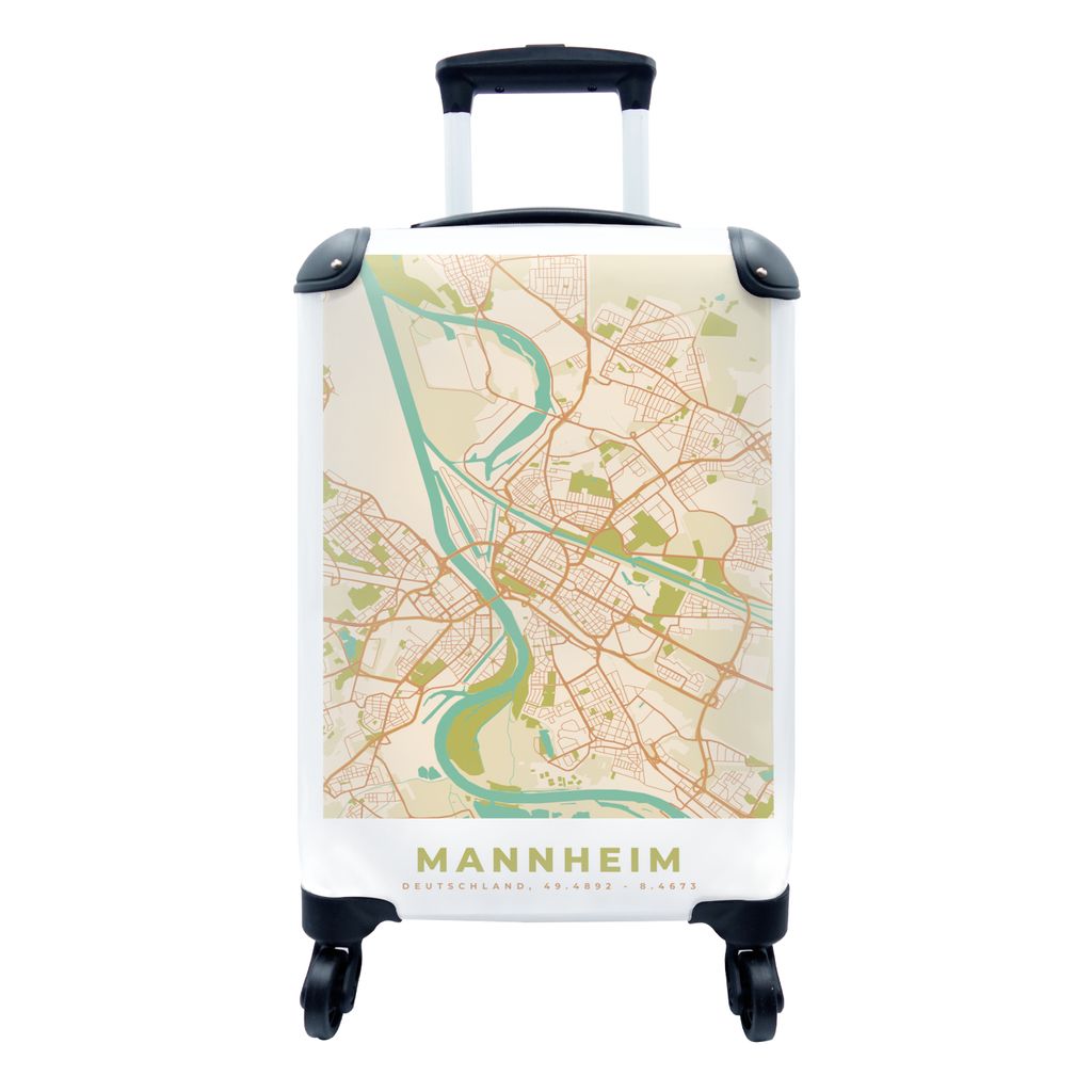 MuchoWow Koffer Handgepäck Trolley Rollkoffer Kleine Reisekoffer mit 4 Rollen - Karte - Vintage - Stadtplan - Mannheim - Cabin Size < 55x40x23 c...