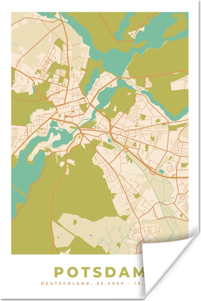 MuchoWow Poster Karte - Potsdam - Karte - Vintage - Stadtplan 120x180 cm - Kunstposter