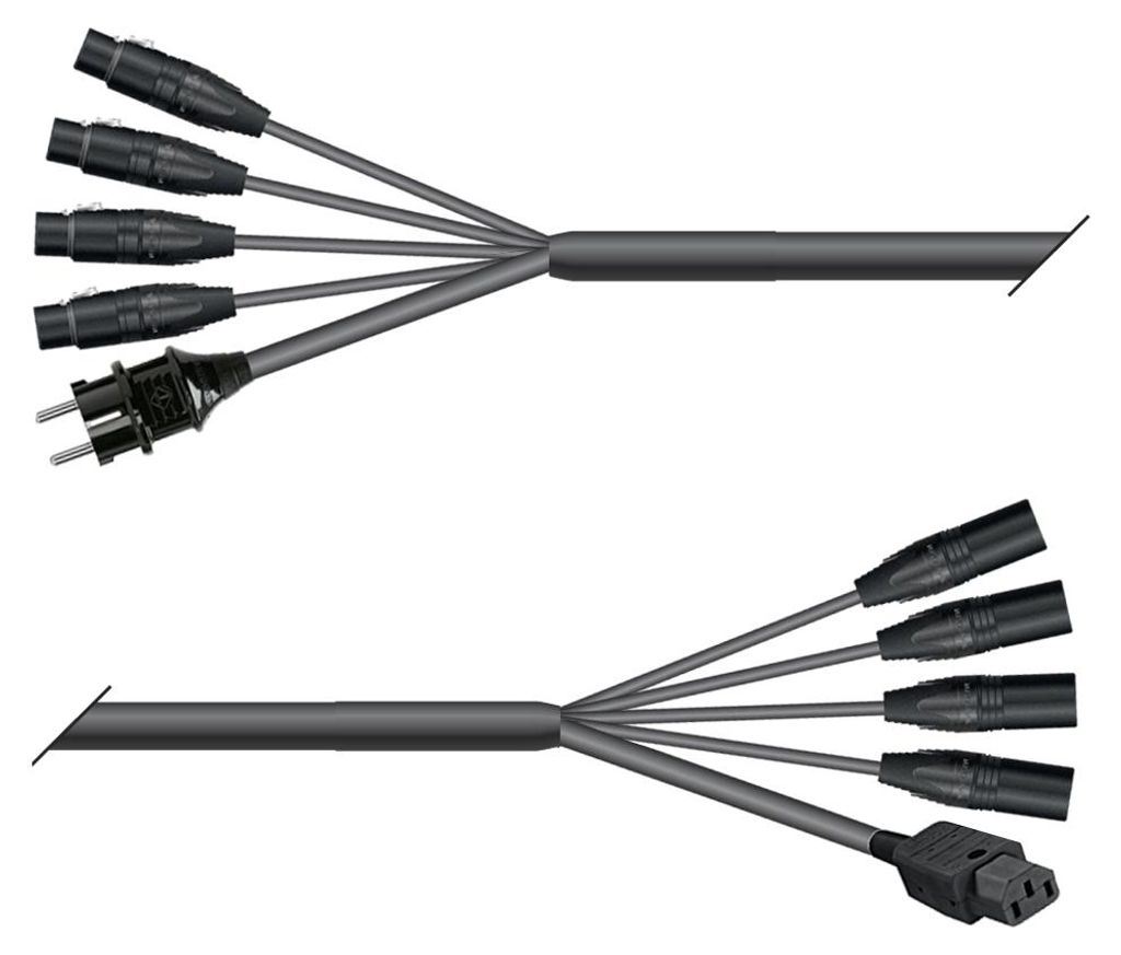 AES / EBU, DMX & Power Looms | 4x XLR 5-pol female NEUTRIK | Schuko-Stecker | 4x XLR 5-pol male NEUTRIK | Kaltgerätebuchse | Monolith 1,5mm² | 5,00m