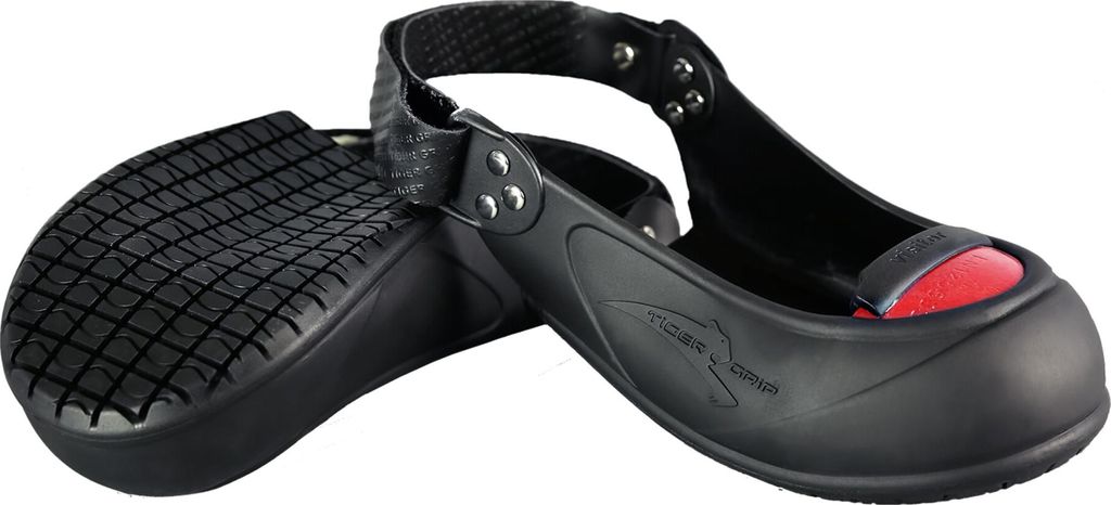 A pair of black protective shoe covers.