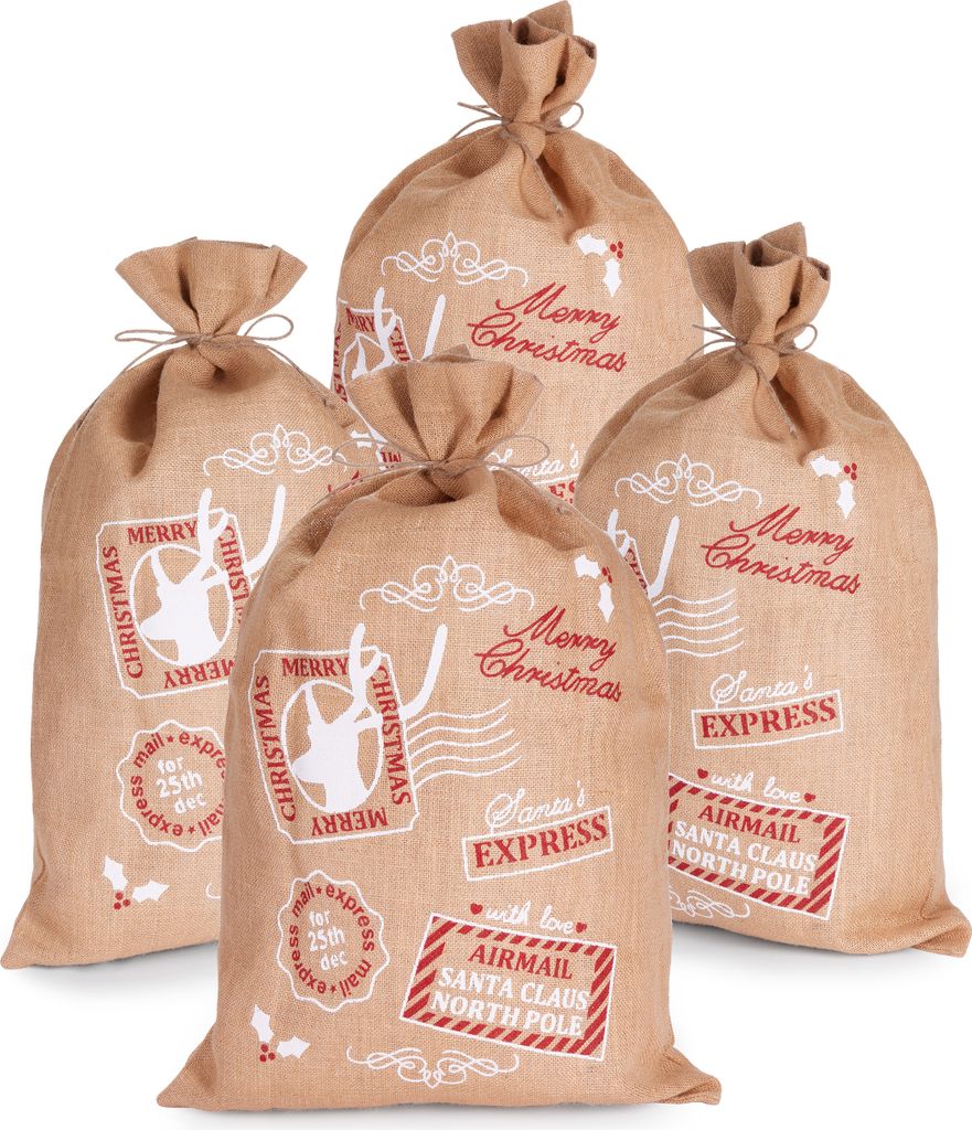 BRUBAKER Weihnachtssack Santa Express Briefmarken - 80 cm Geschenksack Weihnachten - Nikolaussack Jutebeutel Sack, 4 Stück