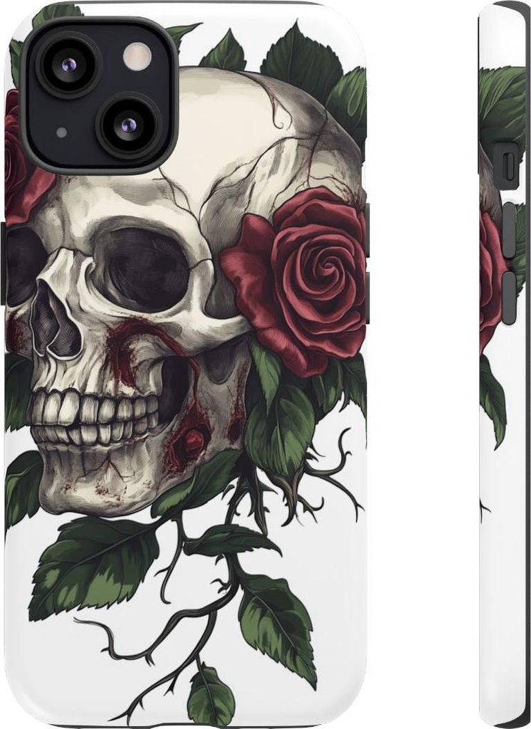 Totenkopf mit roten Rosen und Blättern – Handyhülle Kompatibel mit iPhone 13