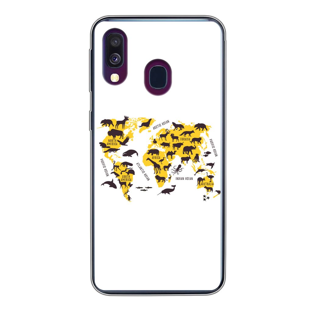 MuchoWow Handyhülle Schutzhülle Hülle für Samsung Galaxy A40 Weltkarte - Tiere - Gelb Silikon Softcase Handy Hülle - Handy-Tasche