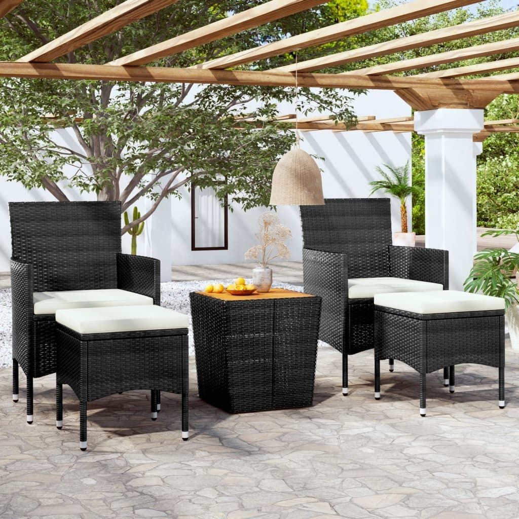 "Rabatt" 5-tlg. Garten-Bistro-Set - mit tishe & Stuhl - Poly Rattan Massivholz Akazie Schwarz - Lounge-Dining set CC2558