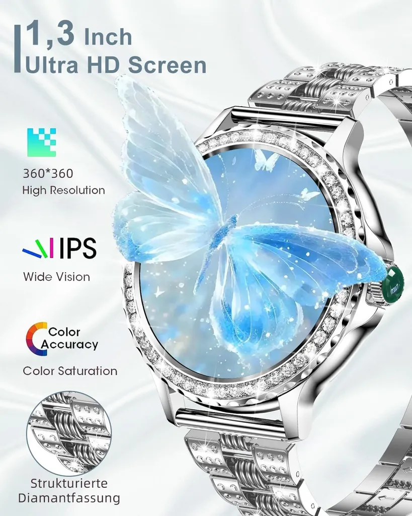 con funzione telefono, touchscreen HD da 1,3" con misurazione della frequenza cardiaca e della pressione sanguigna, monitoraggio del sonno e del ciclo mestruale, 120+ modalità sportive, orologio fitness IP68 - 2