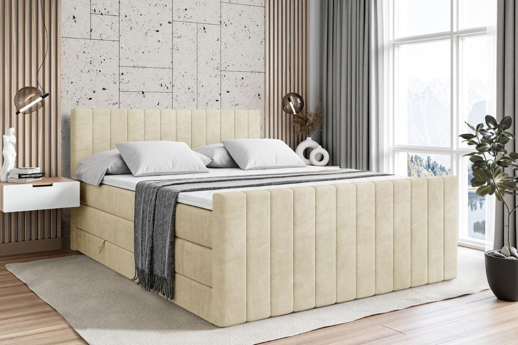 ALTDECOR Boxspringbett mit Fußteil, 2 Matratzen und Topper - 200x200 cm - EDITA-Z KING - Beige Samt - Polsterbett mit, H3- und H4- Matratzen, Bett...