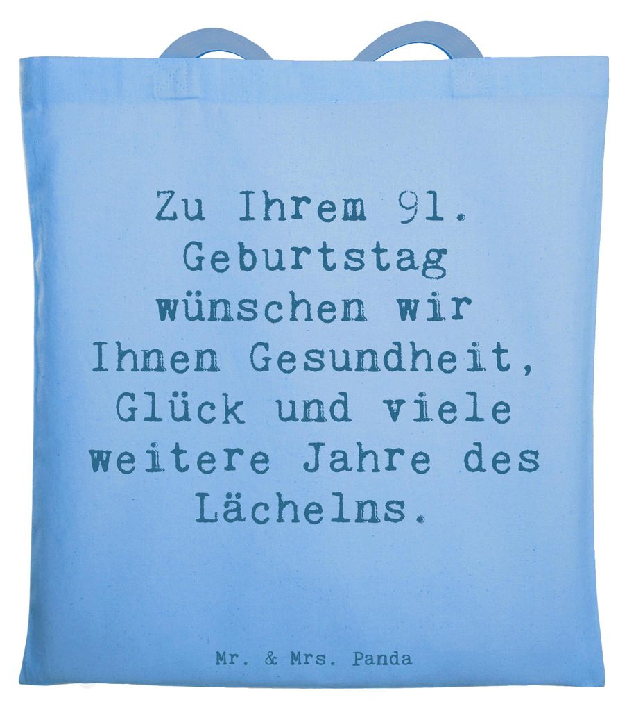 Mr. & Mrs. Panda Jutebeutel Spruch 91. Geburtstag - Sky Blue - Geschenk, Senioren, Stoffbeutel, Laptoptasche, Geburtstagsdeko, Gesundheit und Glüc...