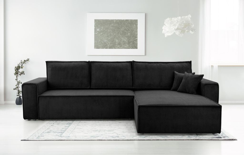Ecksofa l-förmig MALIBU L-form Sofa mit Cordstoff gepolstert Ecke mit Schlaffunktion Couch mit Bettkasten 290 cm, Farbe: Schwarz, Poso 34