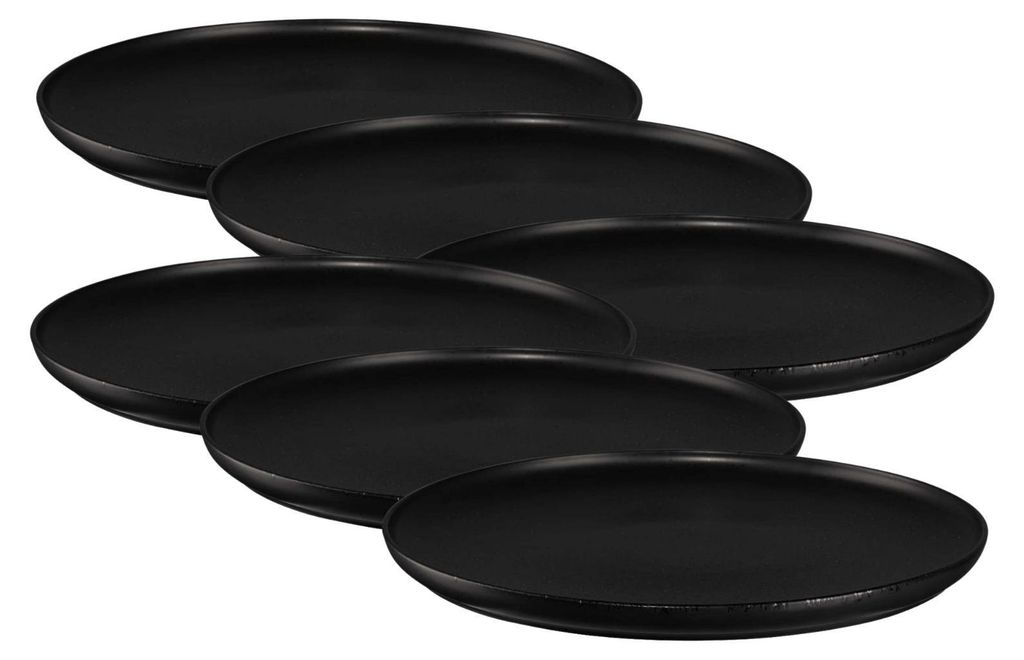 A set of black plates stacked on top of each other.