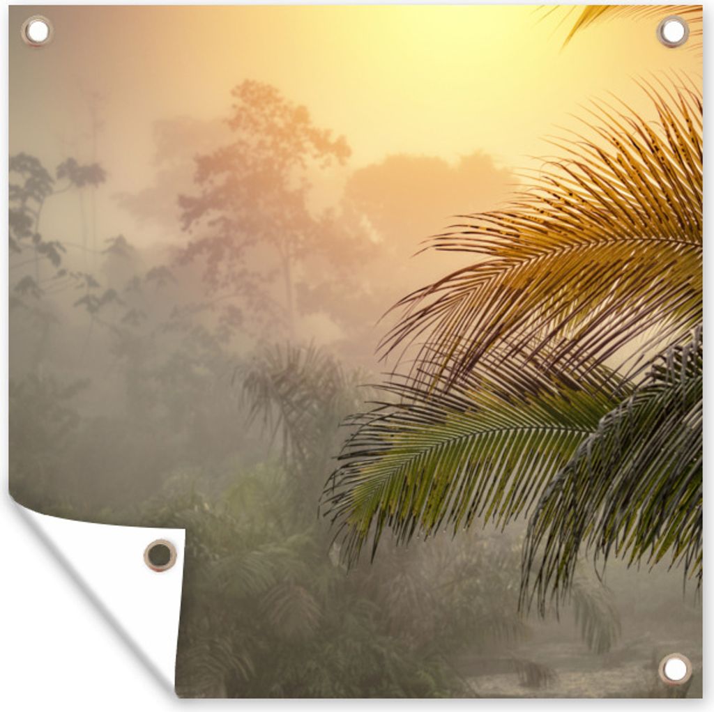 MuchoWow 100x100 cm Outdoor-Poster Gartendeko Sichtschutz Garten Poster für den Garten Landschaft mit Nebel und Palmen