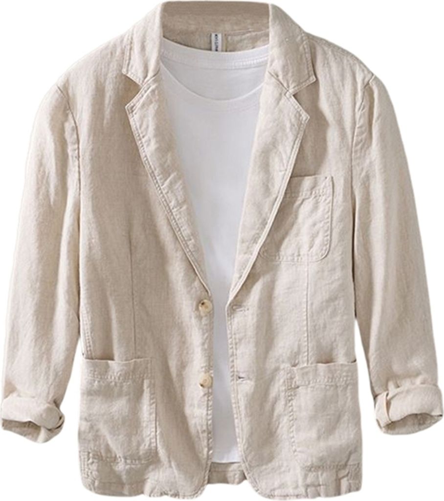 Khaki Herren Casual Blazerjacke mit einreihiger Knopfleiste, Mode Leinen Blazer für Männer, Größe: M