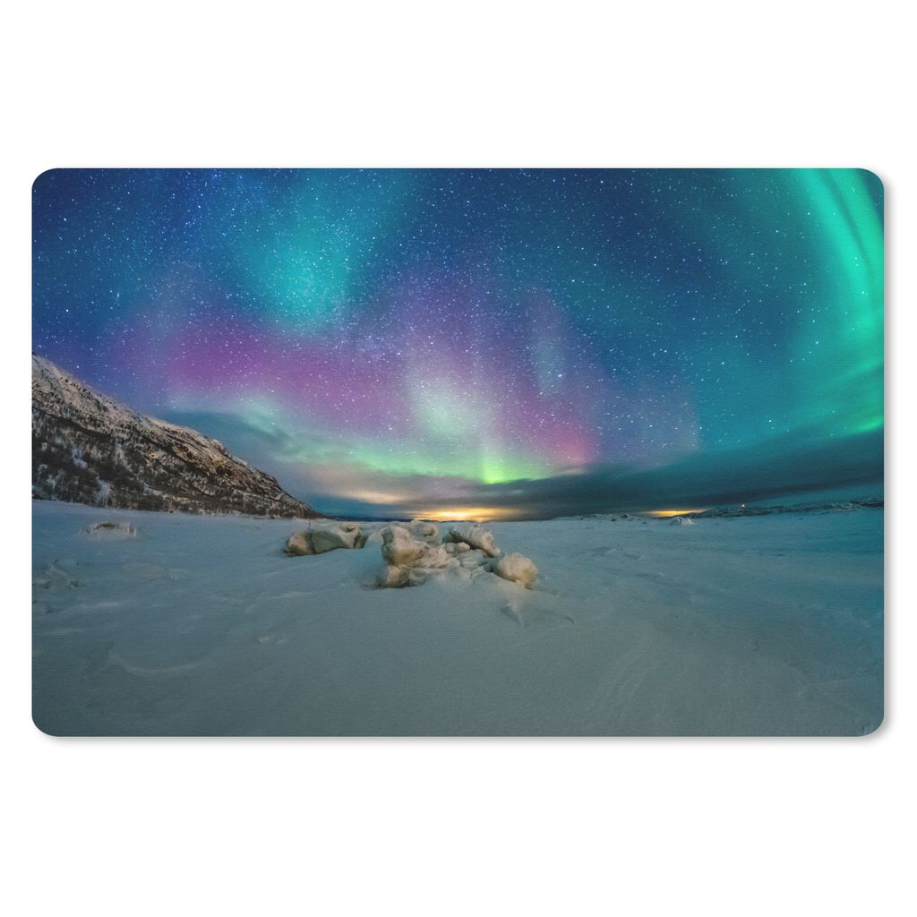MuchoWow Schreibtischunterlage Nordlichter - Schnee - Farben 60x40 cm - XXL Mauspad - Großes Mauspad