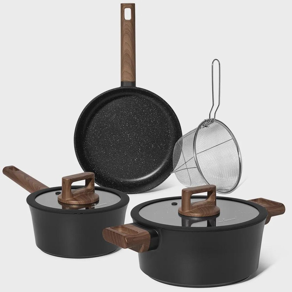 Just Perfecto JL-332: 6 Pieces Marble Coated Cookware Set with Rubber Rim Lid - Black