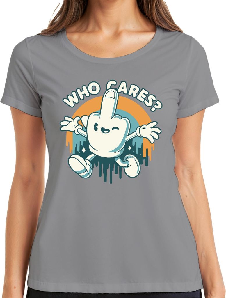 Who Cares Mittelfinger Cartoon frech Retro Vintage 90er Skater Damen T-Shirt, Grau, XXL
