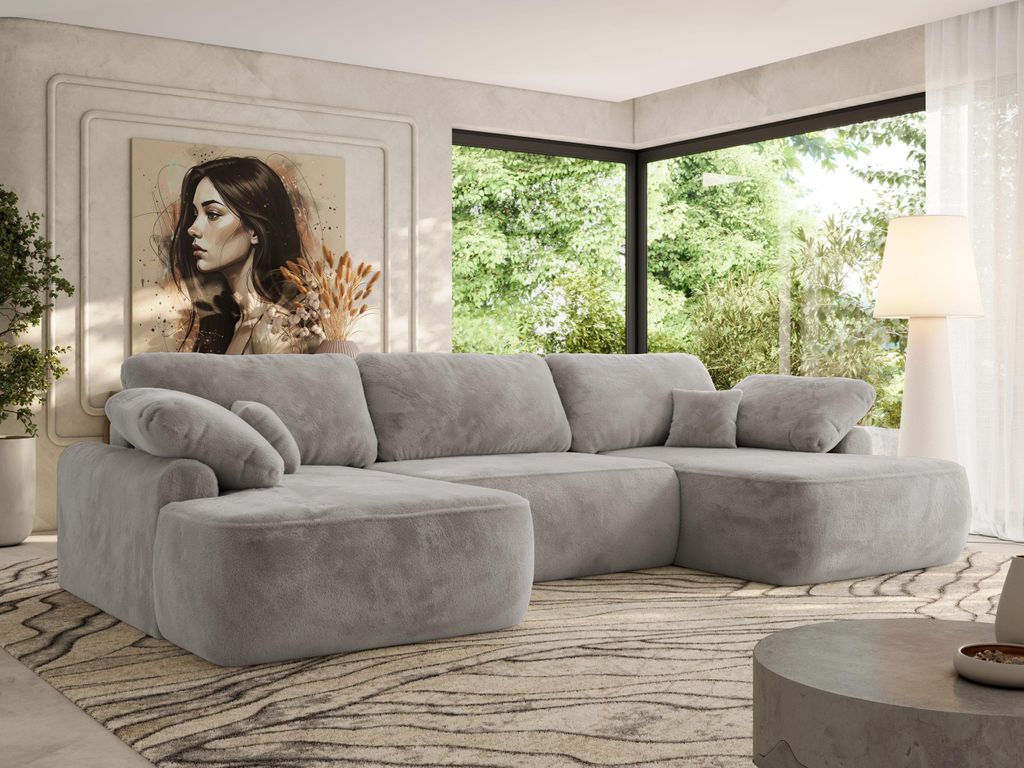 MKS MEBLE U-förmige Eckcouch, Wellenfeder, Ecksofa mit Schlaffunktion, Bettkasten und lose Kissen, 370x187x100cm - CUBO U - Hellgrau Plüsch