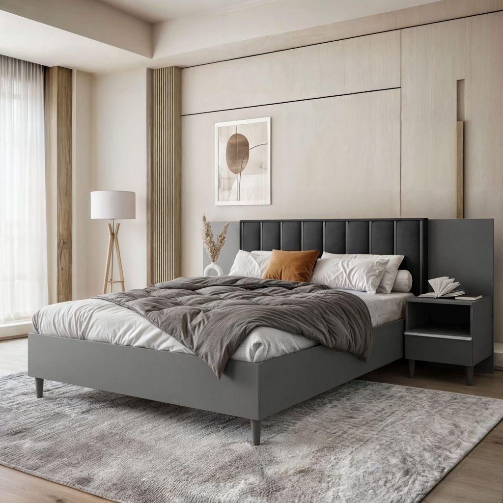 Polsterbett STELLA 160x200cm - Designerbett mit Bettkasten, Lattenrost & einem Nachttisch - Graphit & Schwarz (Jasmine 100)