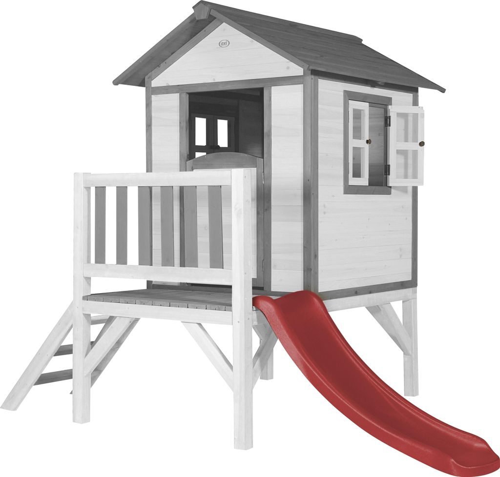 AXI Spielhaus Beach Lodge XL in Weiß mit Rutsche in Rot | Stelzenhaus aus Holz für Kinder | Kleiner Spielturm für den Garten