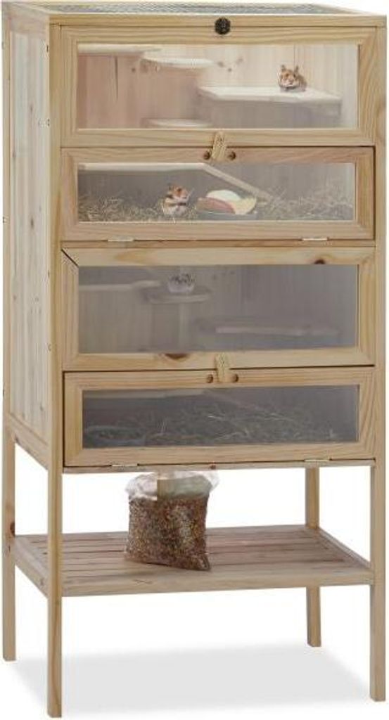 Hamsterkäfig aus Holz, mehrstöckig, mit Netzdach und Fenstern, 123,5x62,5x13 cm