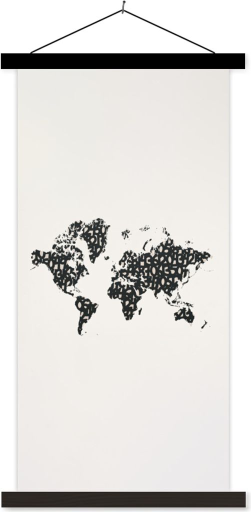 MuchoWow Textilposter Weltkarte - Zahlen - Schwarz 60x120 cm mit schwarzem Rahmen - Magnete