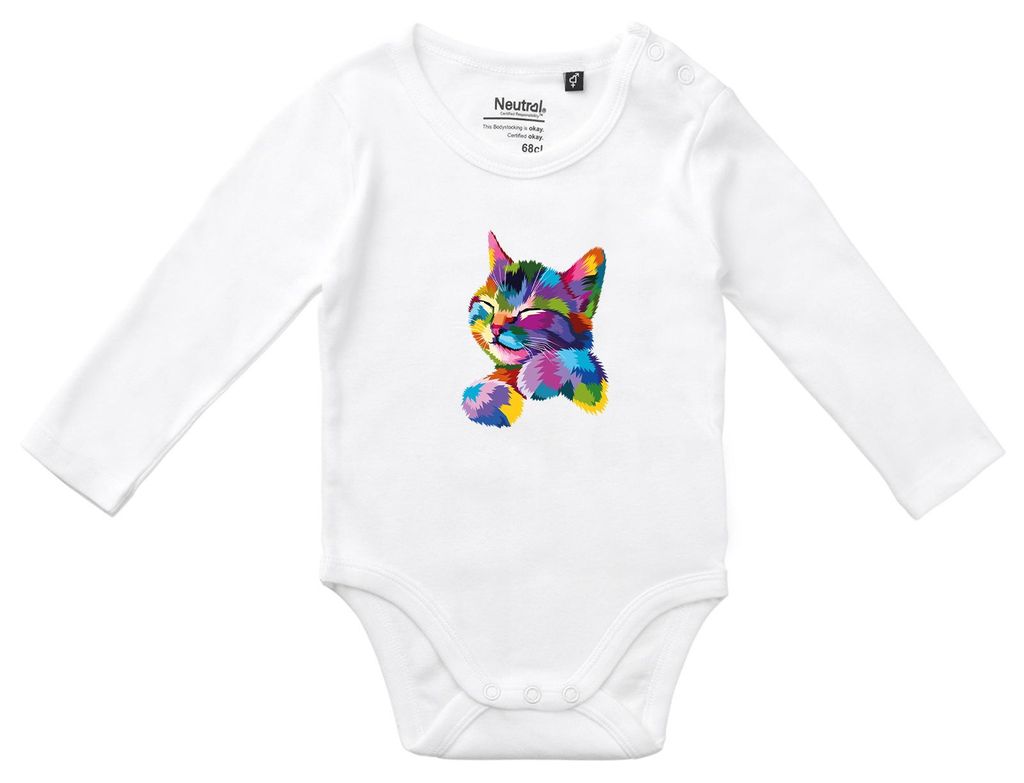 Huuraa Baby Body Katze Colorful 80 White Baumwolle Fairtrade Langarmbody Geschenkidee