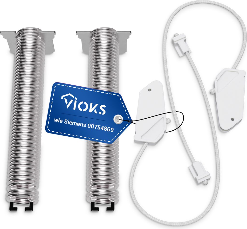 Two metal springs and a white cable with connectors are displayed against a white background.