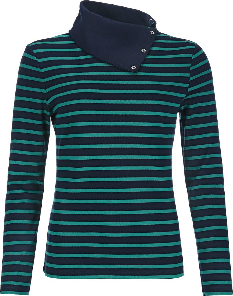 modAS Damen Langarmshirt Shirt mit Kragen mit Knopfleiste - Streifenshirt Ringelshirt Shirt für Frauen Langarm aus Baumwolle Blau/Smaragd Größe 50