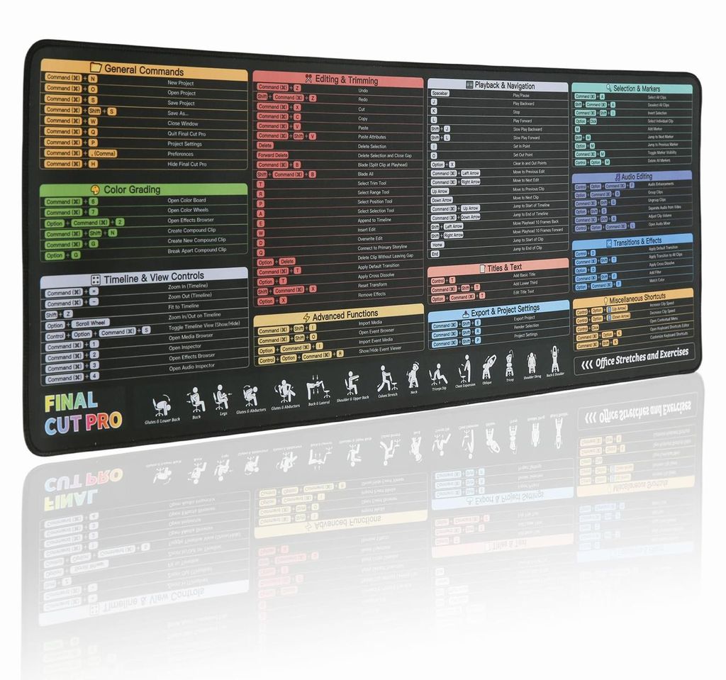 Mauspad mit Final Cut Pro-Shortcuts, extragroßes Tastaturpad, Schreibtischzubehör, große Gaming-Matte, Mauspad, genähte Kanten, rutschfeste Gum...