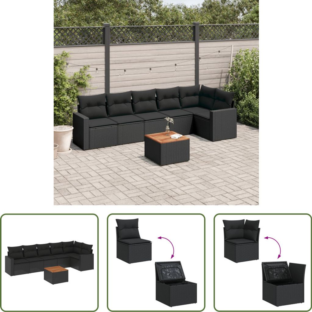 The Living Store 7-tlg. Garten-Sofagarnitur mit Kissen Schwarz Poly Rattan