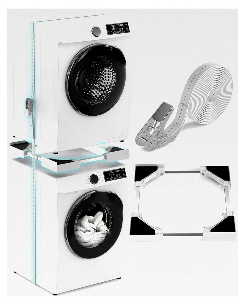 Universeller Verbindungsrahmen für Waschmaschinen und Trockner, stapelbar, höhenverstellbar, mit Ablagefach und Spanngurt, stabiler Rahmen, Farbe...