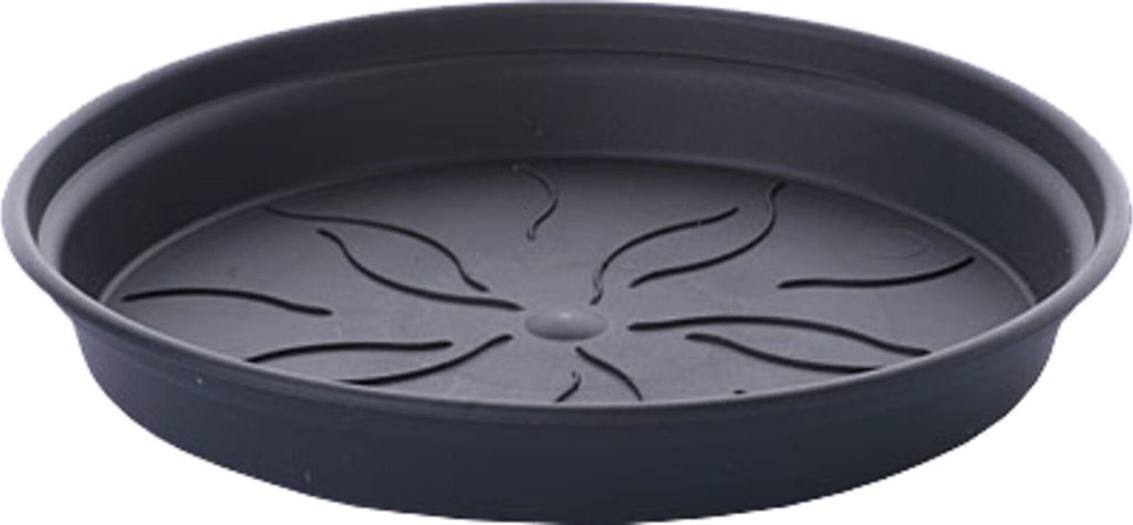 A dark gray plant saucer with a decorative pattern on the inside.