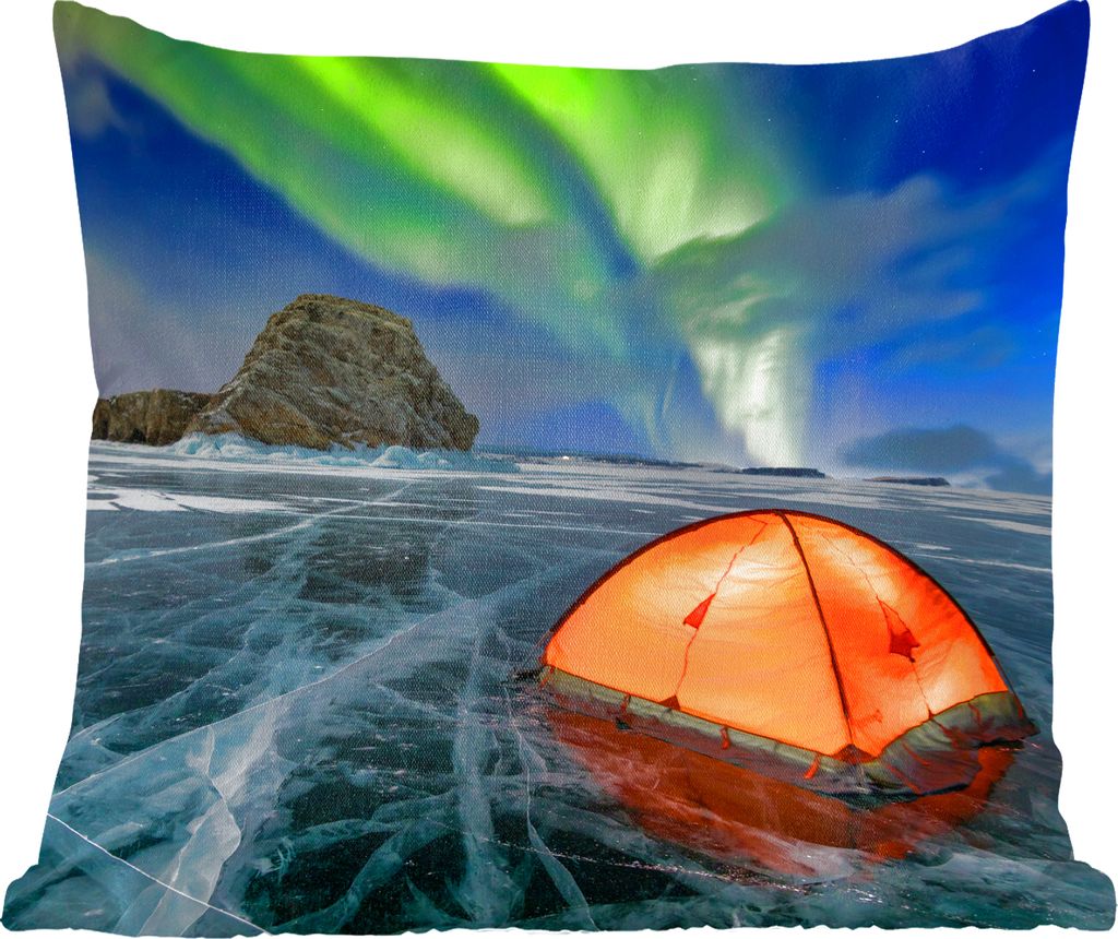 MuchoWow Zierkissen Sofakissen Wohnzimmer Dekokissen 60x60 cm Nordlichter - Zelt - Eis - Skandinavien - Sitzfläche - Foto Polster