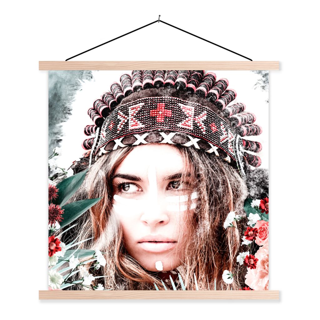 MuchoWow Textilposter Frau - Blumen - Indischer Kopfschmuck - Rosen - Blumen 60x60 cm mit holzfarbenen Rahmen - Wanddekoration