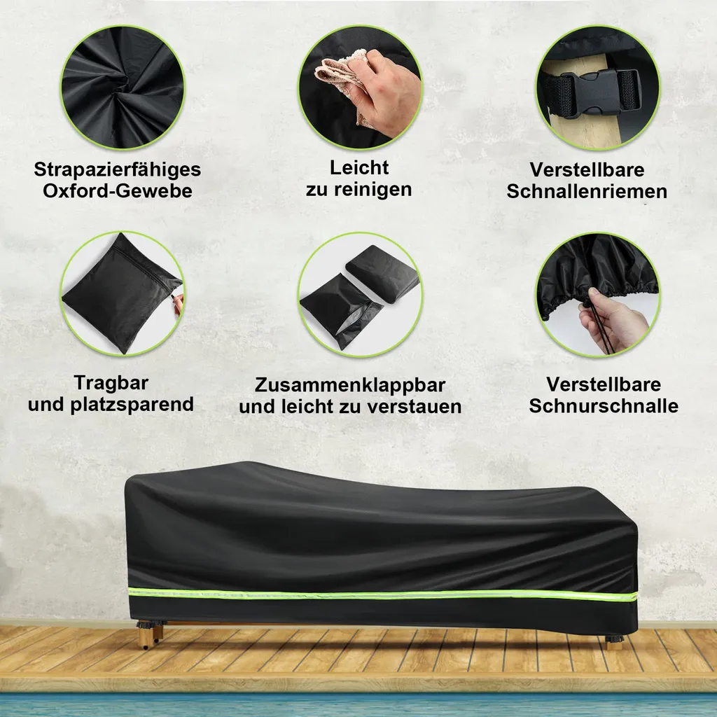 Copri Lettino Giardino Impermeabile 210D Oxford Nero 210x75x80cm - 7