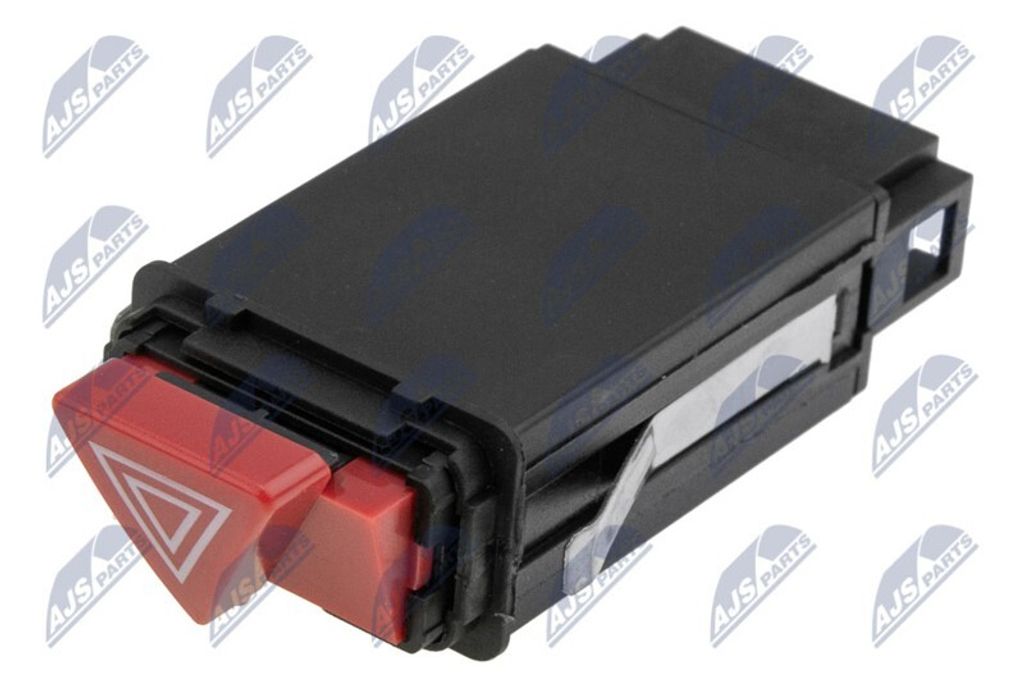 A close-up studio shot of a red and black car hazard light switch.