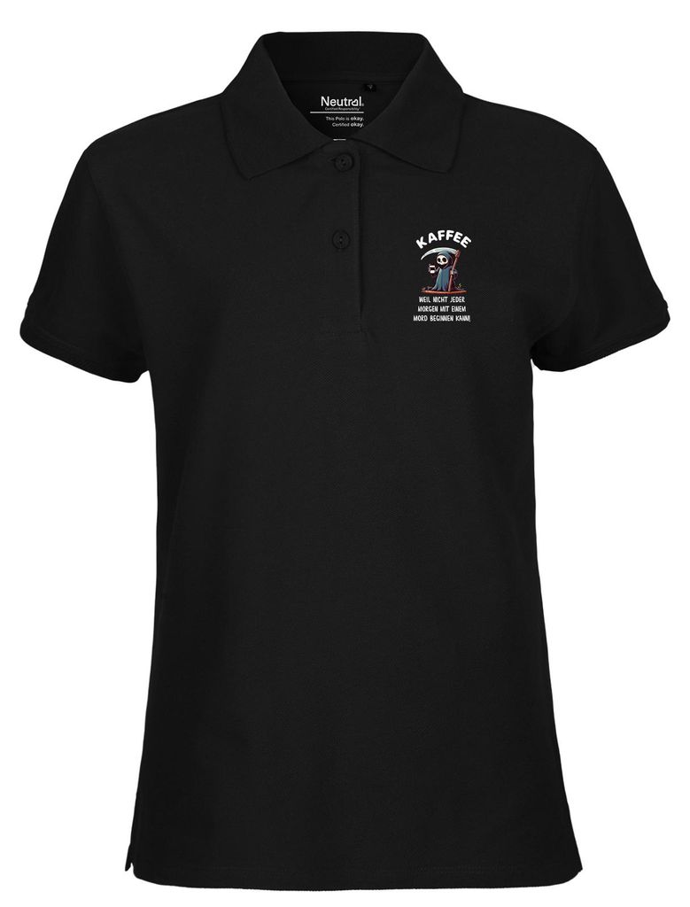 Huuraa Damen Polo Shirt Kaffee weil morgens keinen Mord Sensenmann S Black Bio Baumwolle Fairtrade Poloshirt Geschenkidee