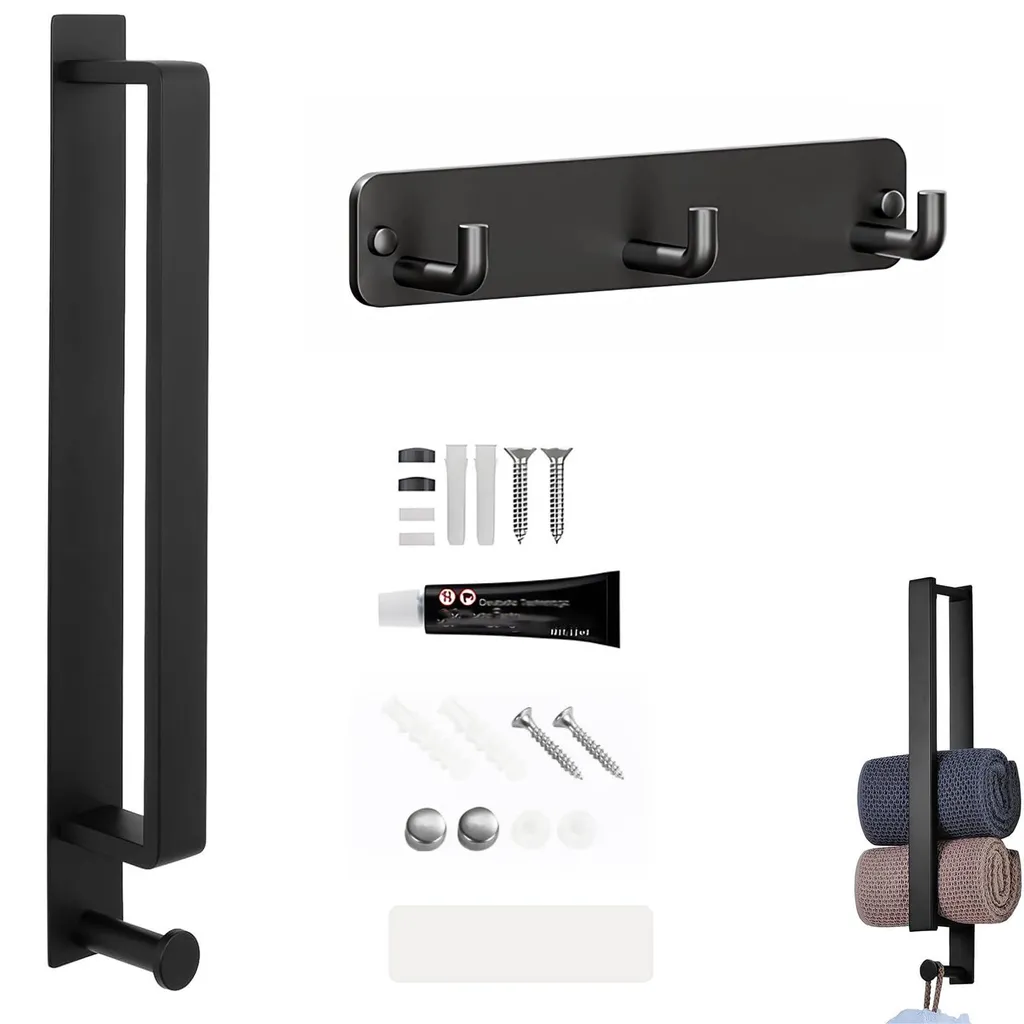 Porte-serviettes noir mat 40 cm en acier inoxydable sans perçage robuste