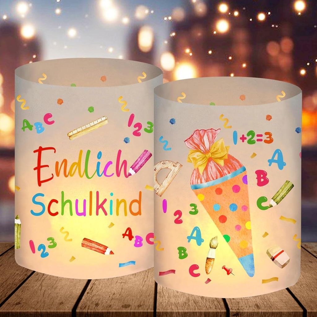 12 Windlicht Tischdeko Einschulung, Endlich Schulkind 2024 Produktbild 