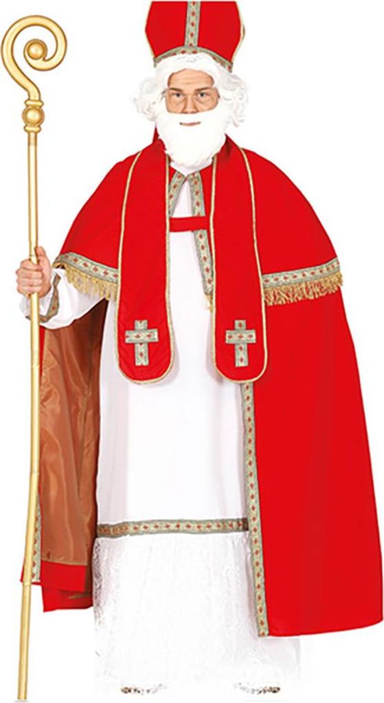 A person dressed as a bishop holding a staff.