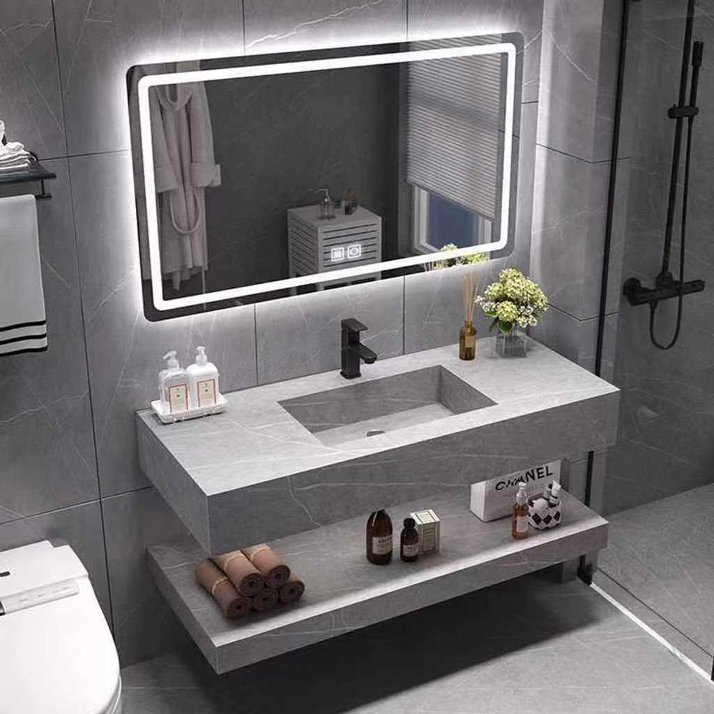 Keramik Waschbecken mit Hahnloch Ablage Waschbecken im Badezimmer set LED-Spiegel Grau 120*55cm 【018】