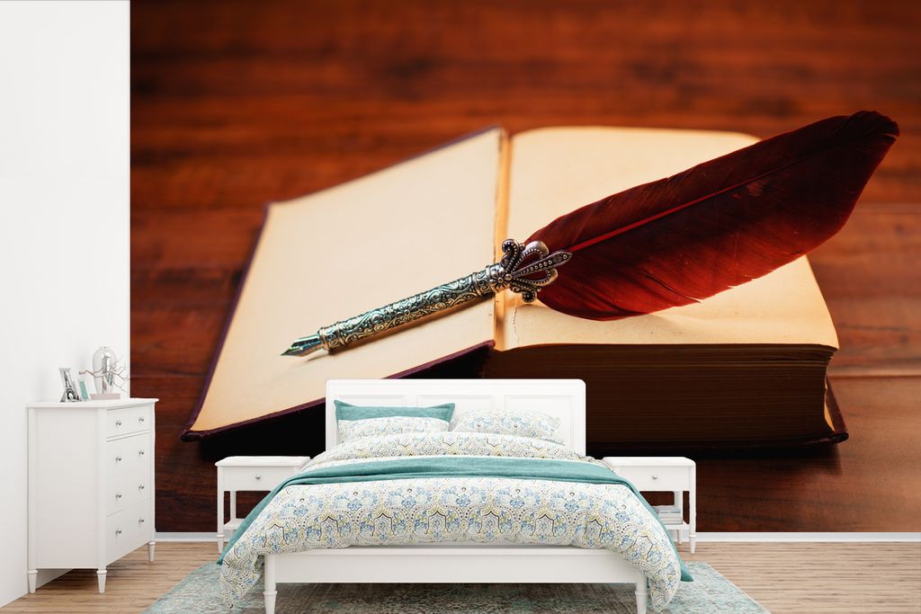 MuchoWow Fototapete für Wohnzimmer oder Schlafzimmer Wandtapete Vinyl Motivtapete Federn - Buch - Rot - 390x260 cm - Papiertapete