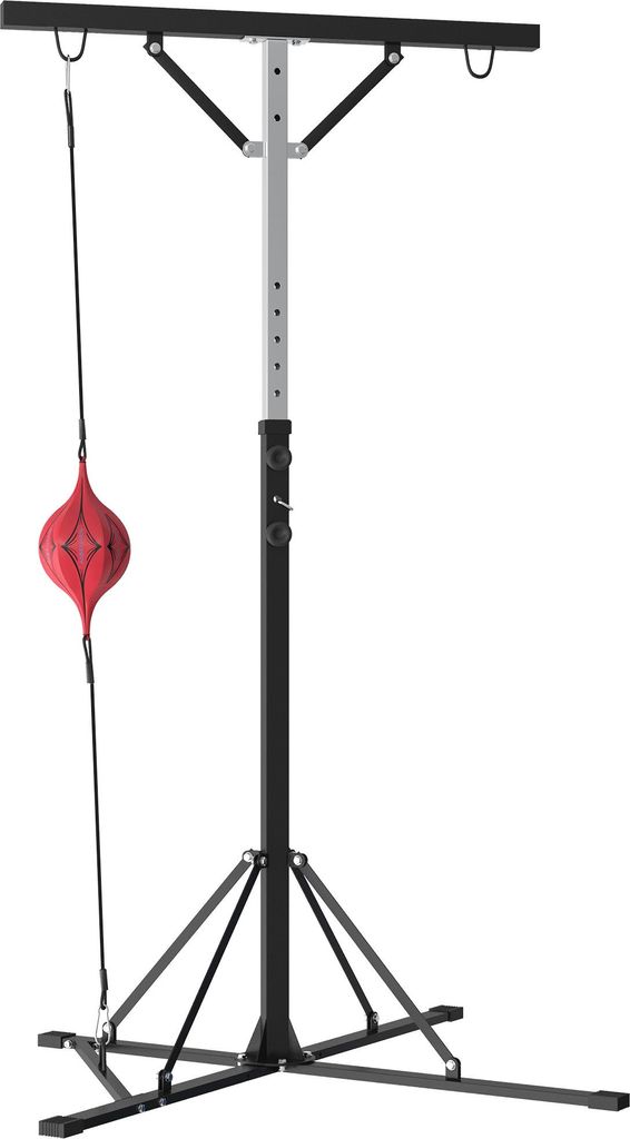 A freestanding adjustable speed bag stand with a red speed bag attached.