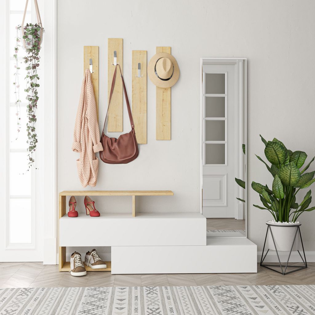 Skye Decor, Ramda- Ramda DTE, Weiß,Eiche, Garderobenständer, 54,5x137x35 cm, 100% Melaminbeschichtete Partikelplatte