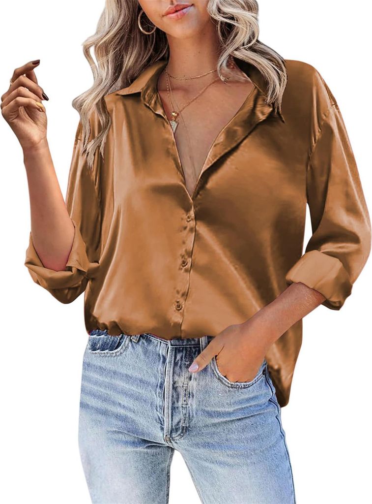ASKSA Damen Satin Bluse V-Ausschnitt Hemde Elegant Knoepfen Oberteile Casual Einfarbig Tunika Langarmshirt (Braun,XXL)