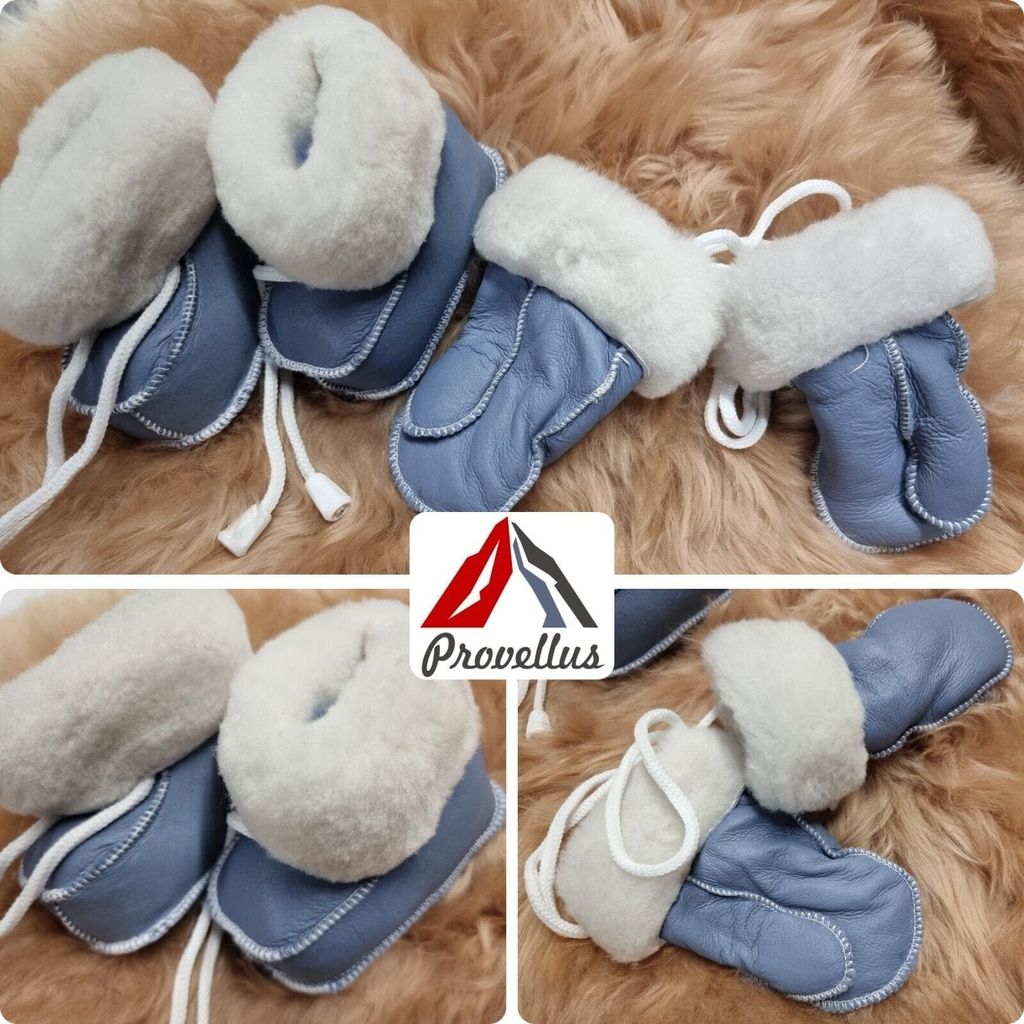 TOP Baby Set Schuhe und Handschuhe aus deutschem Merino Lammfell Kleinkinder NEU Blau