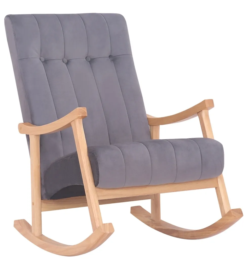 Fauteuil basculant Saltillo velours gris, piétement bois naturel robuste